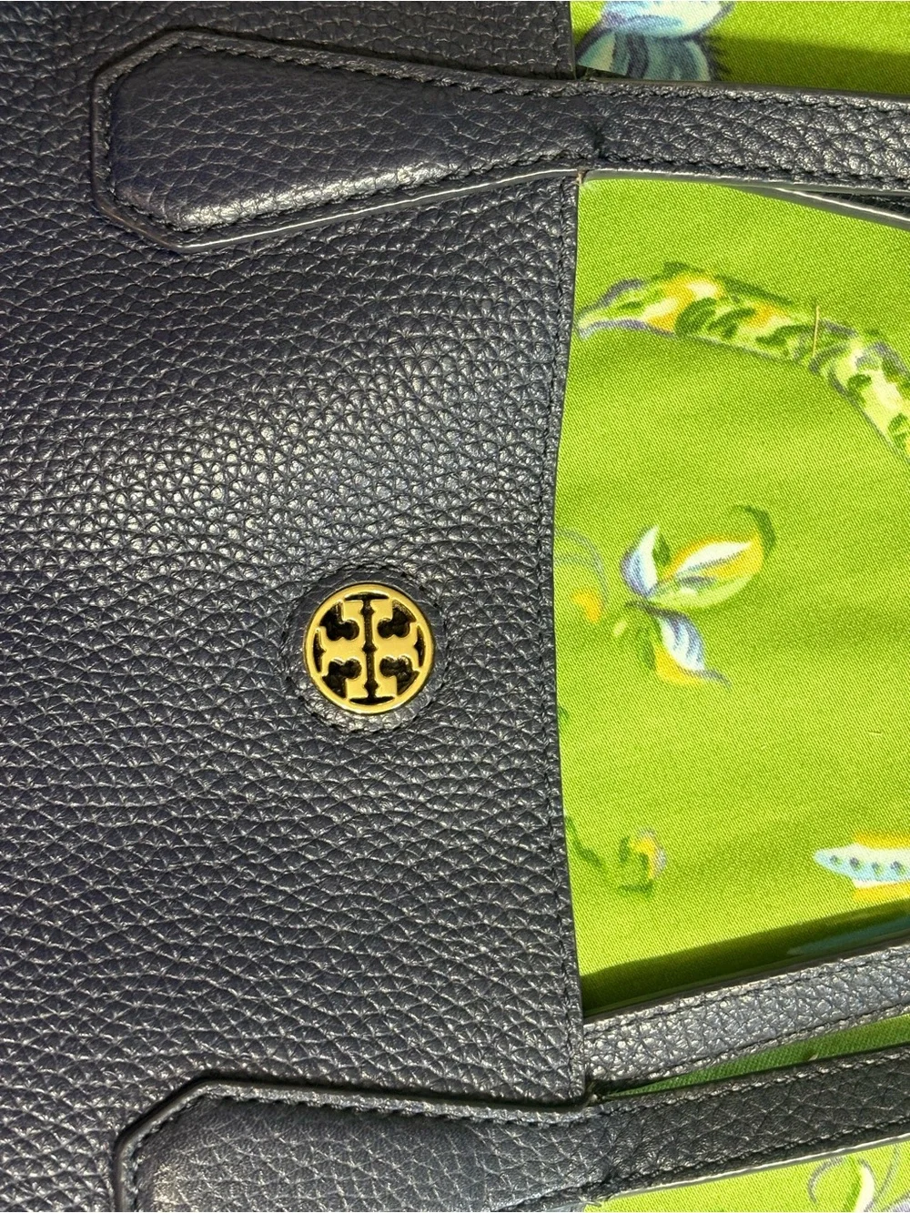 Tory Burch navy Pebbled Leather Tote with Logo Medallion  17x11” bottom is 6”